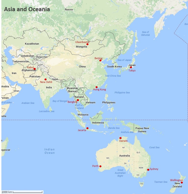 Map cities Asia and Oceania