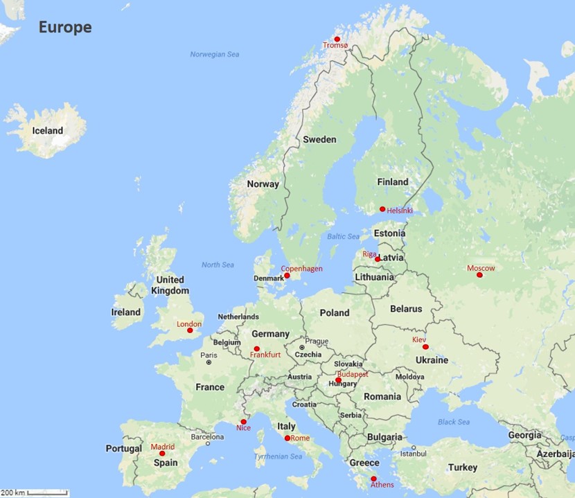 Map cities Europe