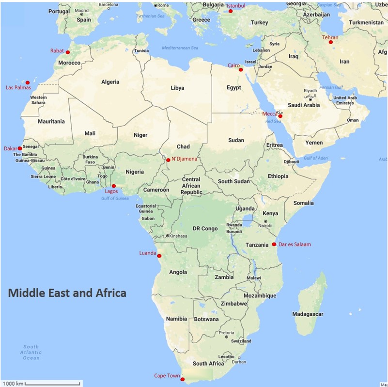 Map cities Middle East and Africa
