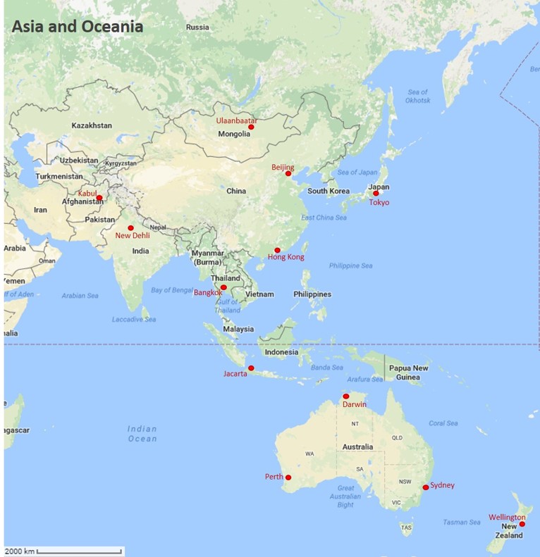 Map cities Asia and Oceania Map cities Asia and Oceania